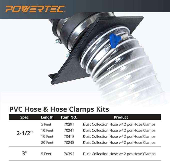 POWERTEC 3" x 5' PVC Flexible Dust Collection Hose with 2pcs Stainless Steel Key Hose Clamps for Table Saw, Planer, CNC Machine, Radial Arm Saw, Woodworking & Wood Shop Dust Collection System (70392)