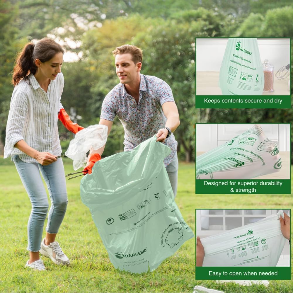 OrangeBio 33 Gallon Home Compostable Yard Waste Bags, 40 Count, 1.1 Mil, Lawn & Leaf Bags US BPI ASTM D6400 and OK Compost Home Certified