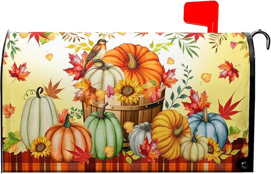 Fall Pumpkins Mailbox Cover Magnetic Large Size 25.5x21inch Autumn Maple Leaves Floral Mailbox Wrap Thanksgiving Watercolor Pumpkin Harvest Post Letter Box Covers for Home Garden Yard Outdoor Decor