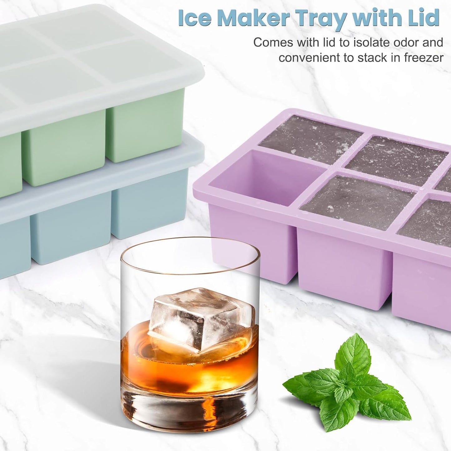 Large Silicone Ice Cube Tray 3Pack, SAWNZC Big Square Ice Cube Molds for Whisky Cocktail, Ice Maker Tray with Lid for Freezer, Easy Release (3, Blue+Green+Purple)