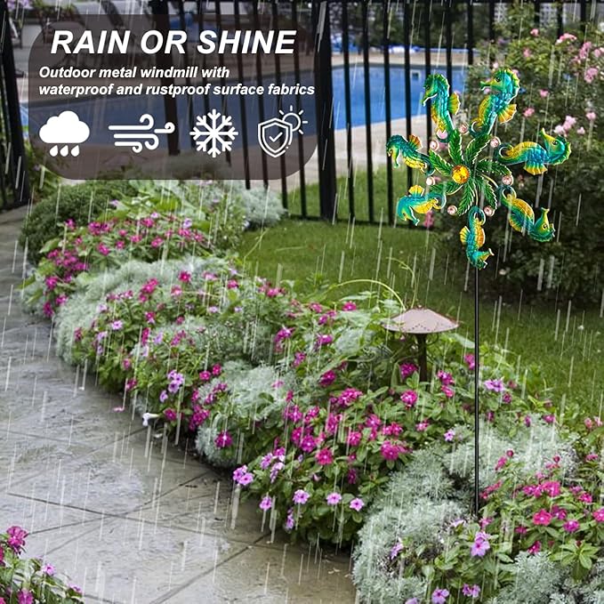 Seahorse Wind Spinners - 39" Ocean-Themed Metal Wind Sculptures Garden Stake Art, 13.5” Windmill Yard Kinetic, Outdoor Decor for Patio & Lawn - Metal Beach Sculpture with Seahorse Design