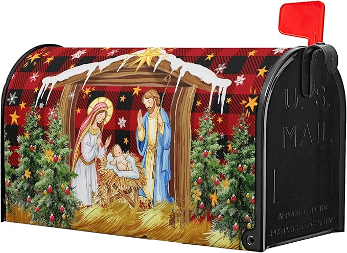 Christma Jesus Nativity Mailbox Cover Magnetic Standard Size 21" X 18" Xmas Holly Night Letter Post Wraps Religious Christian Jesus Red Buffalo Plaid Decorative Postbox Covers for Home Garden Yard