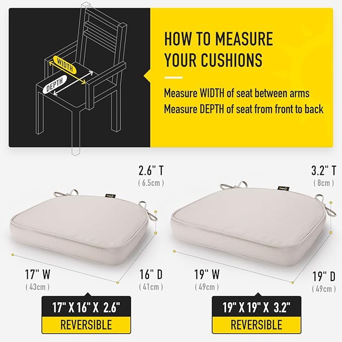 SUNROX Gel Memory Foam Chair Cushions, FadeShield Water-, Stain-Resistant Durable Reversible Seat Cushion Pads with Ties for Indoor/Outdoor Kitchen Dining Office 17"x16" Set of 2, Cream