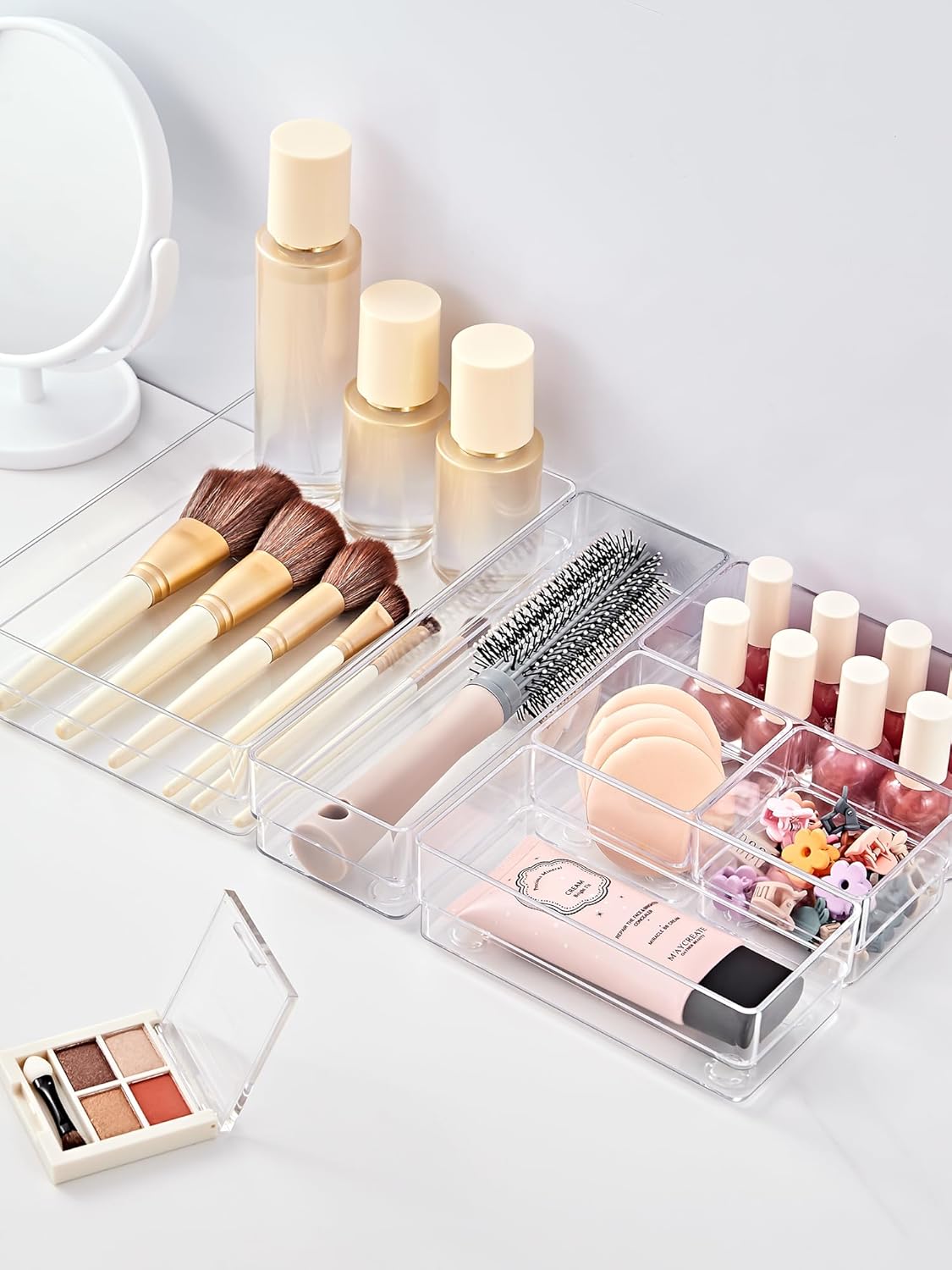 SMARTAKE 37-Piece Drawer Organizer with Non-Slip Silicone Pads, 4-Size Desk Drawer Organizer Trays Storage Tray for Makeup, Jewelries, Utensils in Bedroom Dresser, Office and Kitchen (Clear)