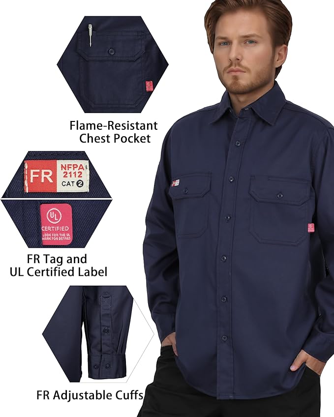 TICOMELA FR Shirts for Men Flame Resistant Shirt CAT2 Light Weight 6.5oz Fire Retardant Men's Welding Shirt