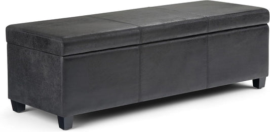 SIMPLIHOME Avalon 48 inch Wide Contemporary Rectangle Storage Ottoman Bench in Distressed Black Distressed Vegan Faux Leather, Assembled, For the Living Room, Entryway and Family Room
