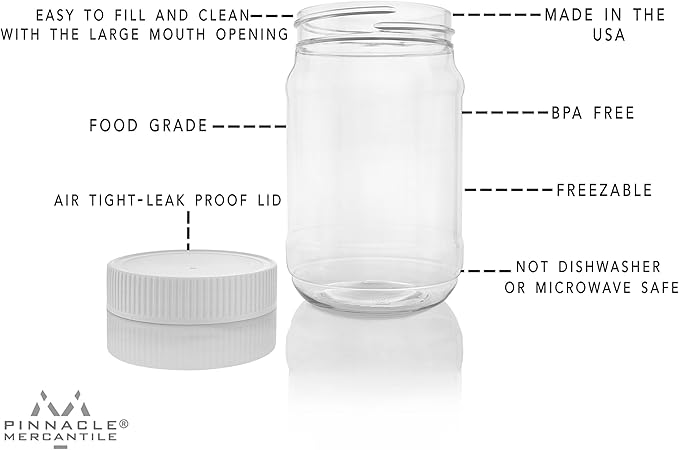 Pinnacle Mercantile Plastic Mason Jars - Screw on Ribbed Lid - 16 ounce-Set 6-Airtight Liner-Meal Prep Containers-Freezer Safe BPA Free