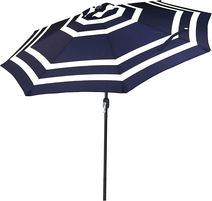 Sunnydaze Outdoor Patio Umbrella - Polyester Table Market Umbrella with Push-Button Tilt and Crank - 8 Sturdy Ribs - Navy Blue Stripe - 9ft