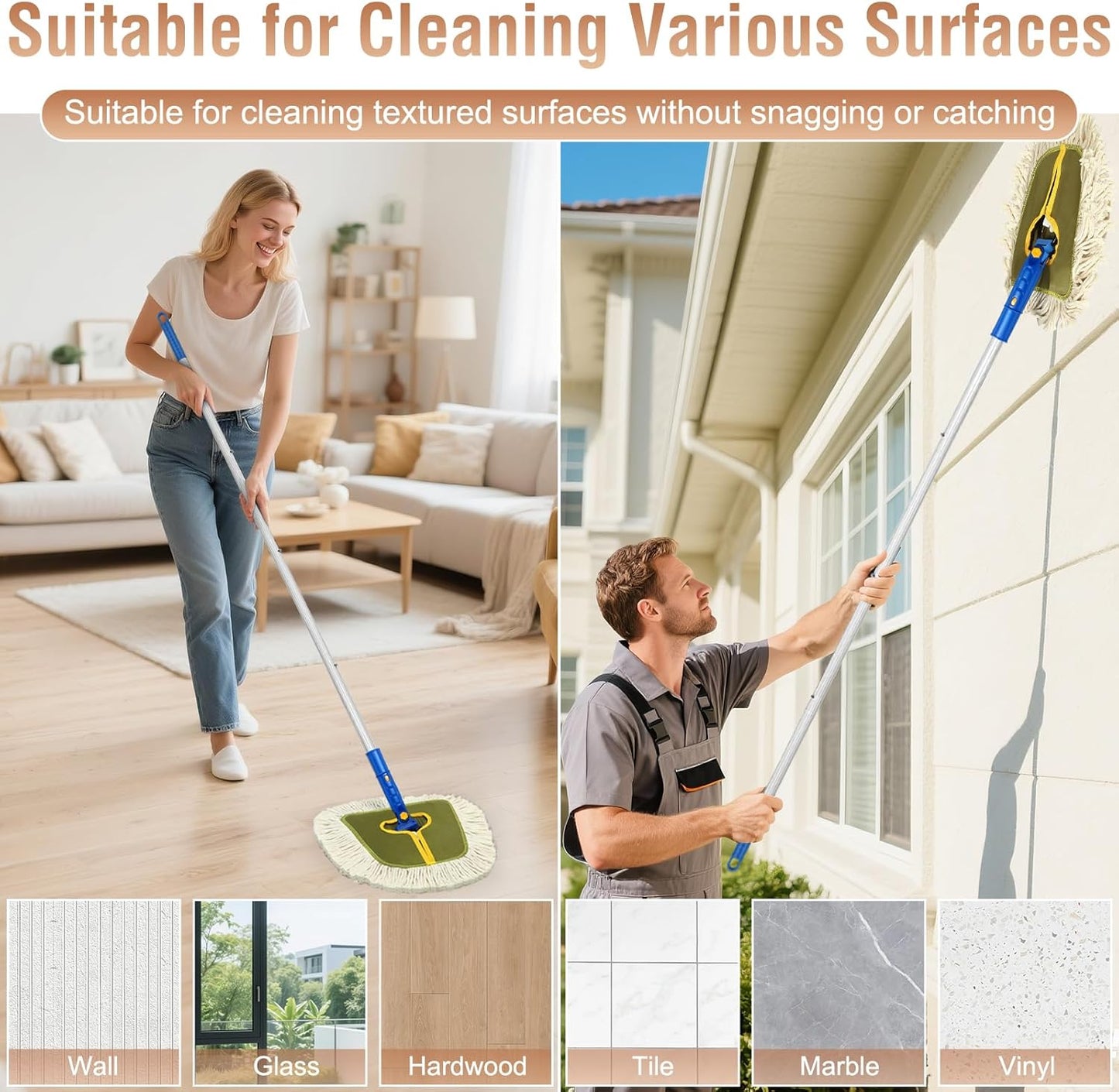 Commercial Dust Mop for Hardwood Floors, Industrial Dry Mops with Replacement Wedge Cotton Mop Pads for Wall Cleaner ,Hardwood, Tile, Laminate, Vinyl,Walls, Home,Warehouse Duster, Green