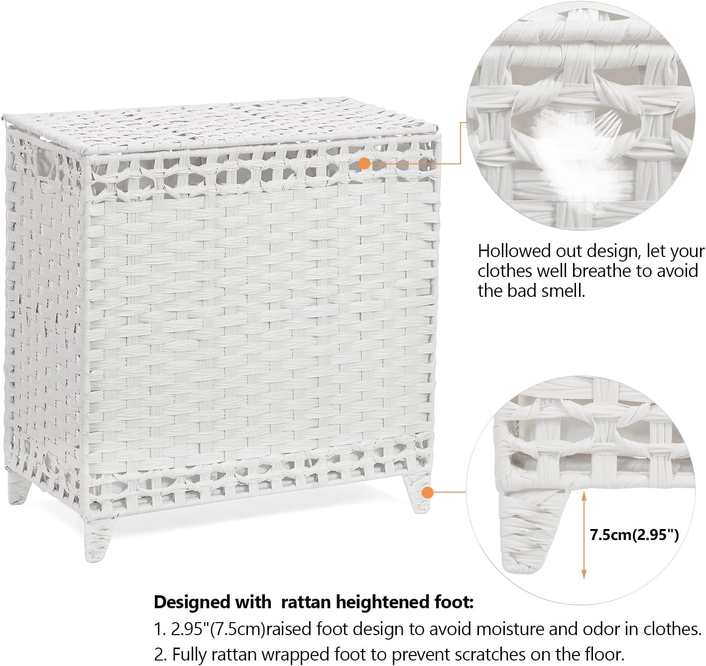 Laundry Hamper with 3 Removable Liner Bags; 132L Handwoven Rattan Laundry Basket with Lid & Heightened Feet; Clothes Hamper with Side Handles; Laundry Sorter with 3 Separate Sections (White)