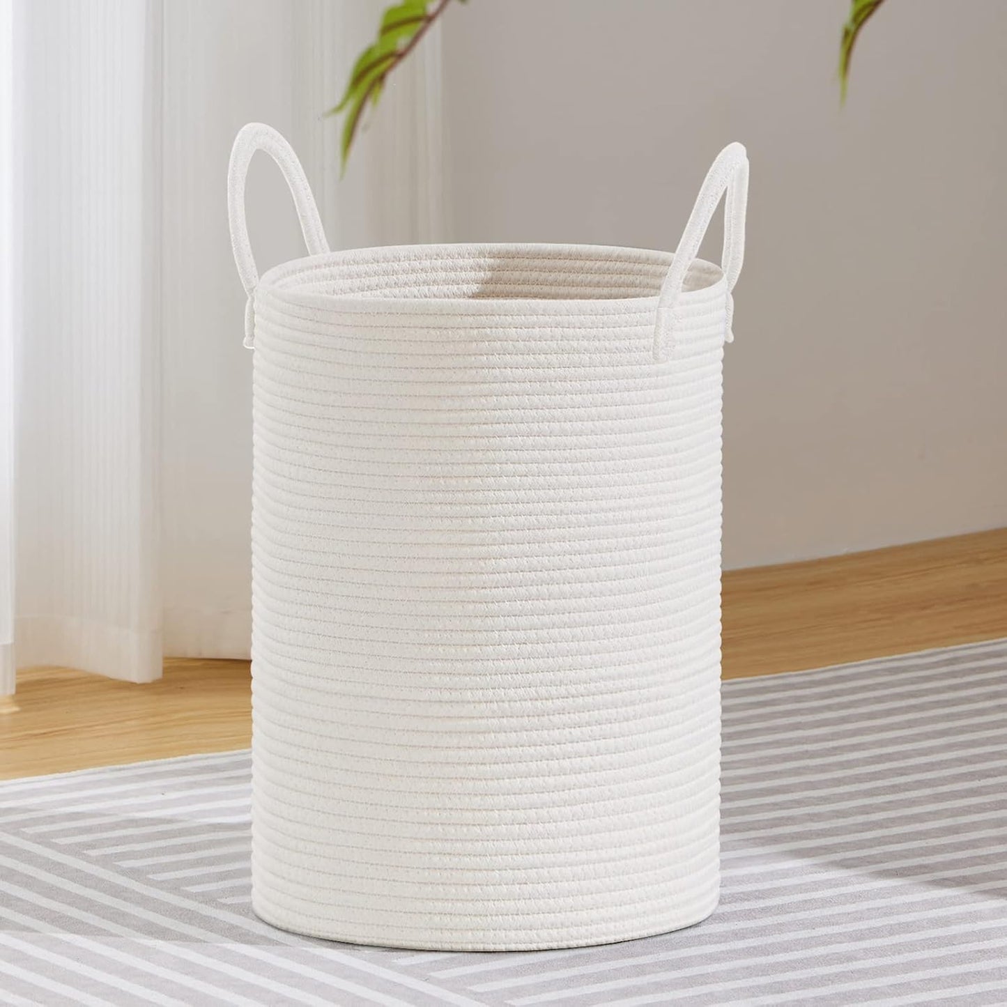 VIPOSCO Large Laundry Hamper, Tall Woven Rope Storage Basket for Blanket, Toys, Dirty Clothes in Living Room, Bathroom, Bedroom - 58L White