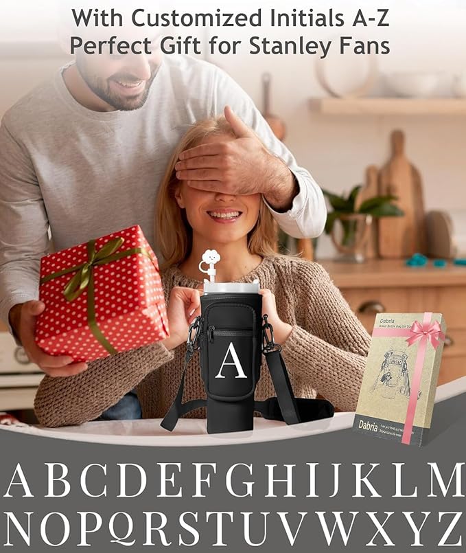 dabria Initial A-Z Water Bottle Bag with Phone Pocket for Stanley 40 oz Tumbler Neoprene Water Bottle Holder Pouch with Adjustable Strap Bollus with Straw Cover & Carabiner for Stanley Cup Accessories