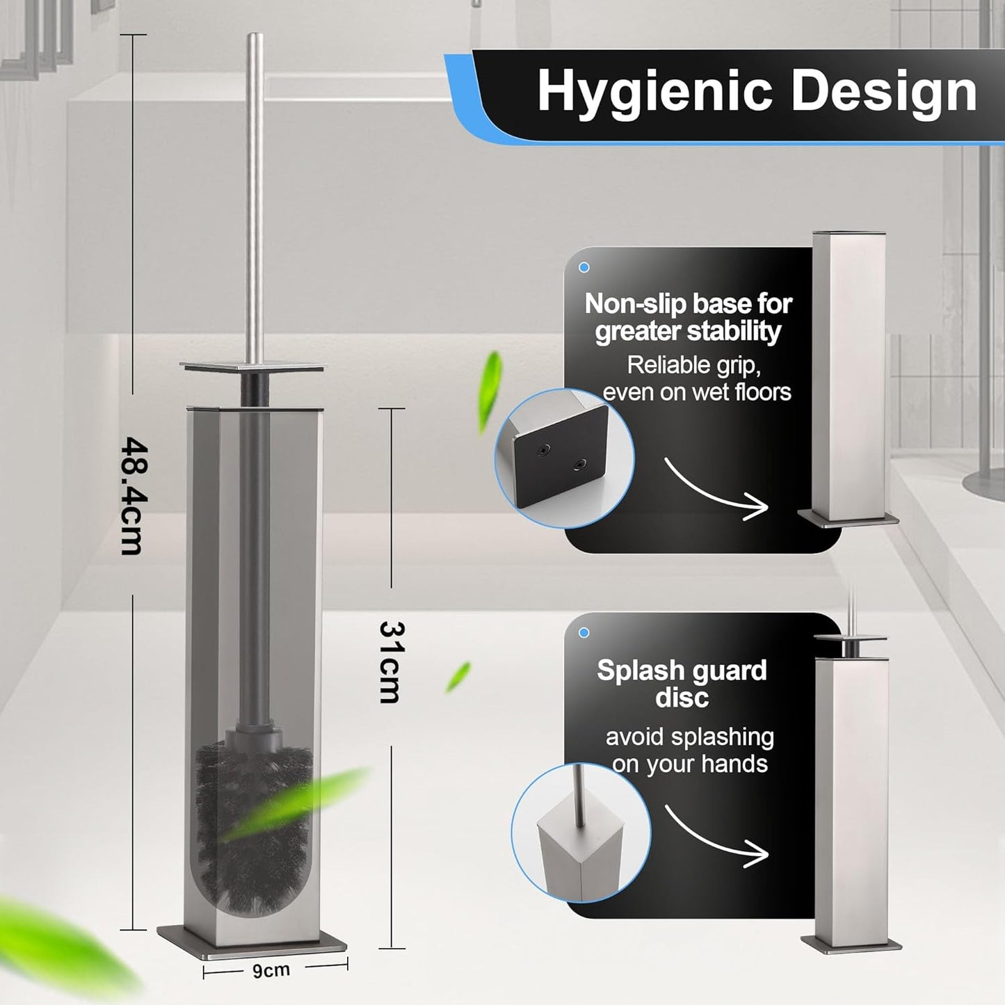 BVL Toilet Brush and Holder Set Brushed Nickel Stainless Steel 304 Square Freestanding Toilet Brush for Bathroom