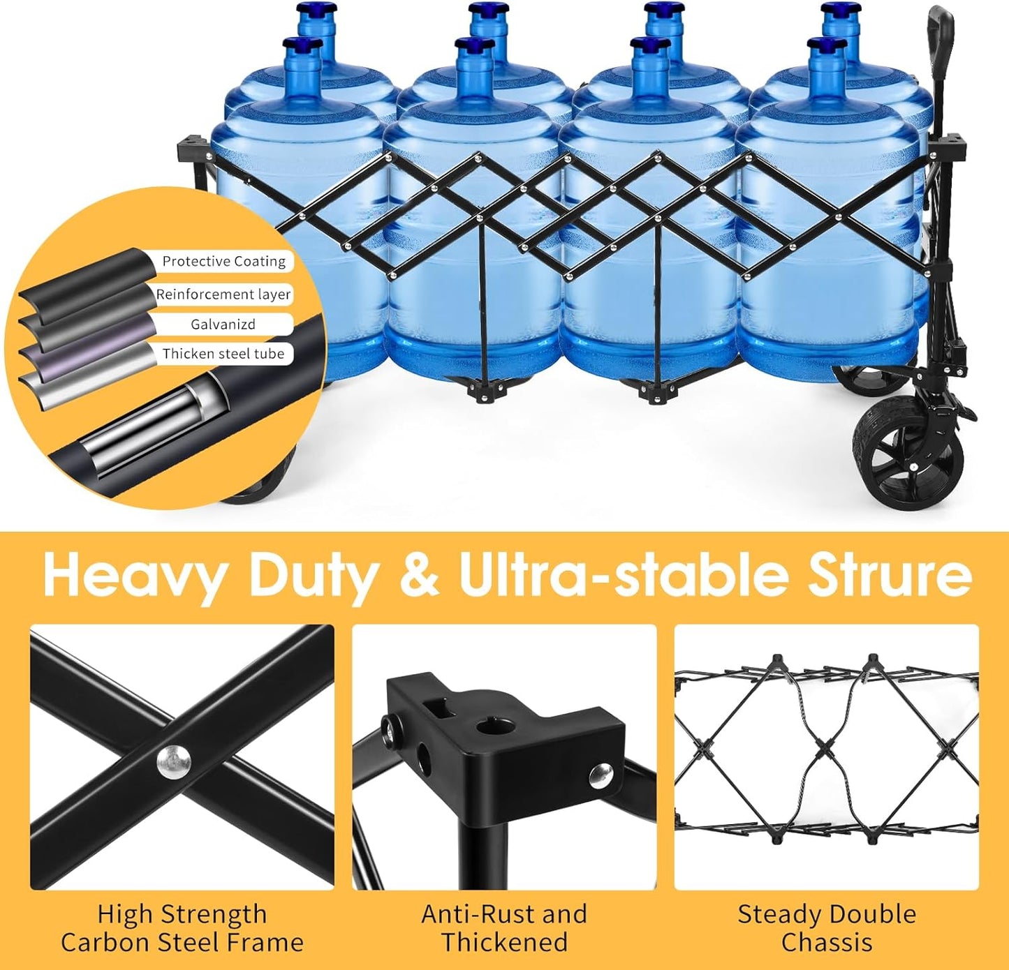 49''L Collapsible Foldable Extended Wagon with 450lbs Weight Capacity, Heavy Duty 300L Folding Utility Garden Cart with Big All-Terrain Beach Wheels & Drink Holders. Black