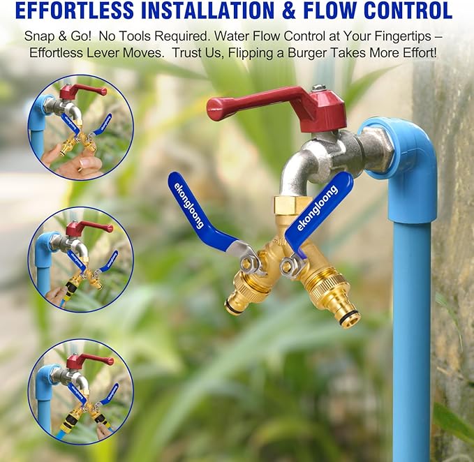 Brass Hose Splitter 2 Way Heavy Duty with Long Handle Switch, Y-Way Water Faucet with 3/4" GHT Thread, Heavy Duty Hose Connector for Lawn Irrigation/Outdoor Sprinkler System(With Nipple‌)