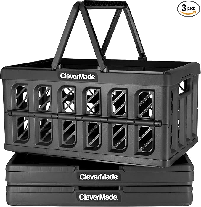 CleverMade Collapsible Shopping Basket, Obsidian, 3PK - 24L (6 Gal) Reusable Plastic Grocery Shopping Baskets, Holds 25lbs Per Basket - Small Foldable Storage Crates with Handles