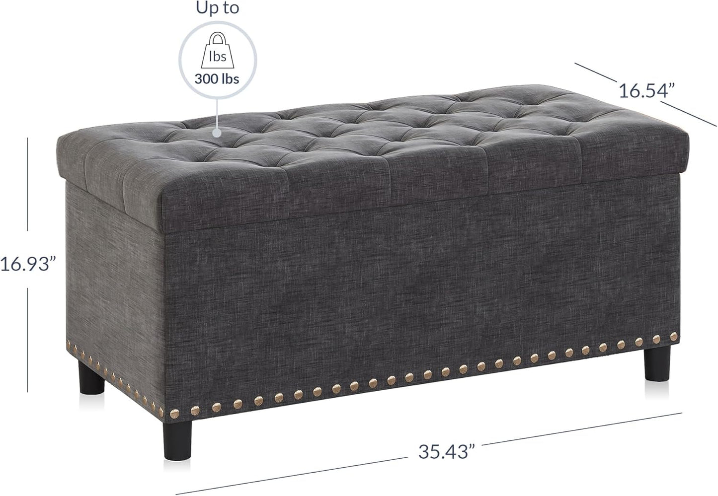 BELLEZE 35" Tufted Ottoman, Storage Bench with Safety Close Hinge, Ottoman with Storage for Living Room, Entryway, Hallway, Foot Rest, Support 300lbs - Dark Grey