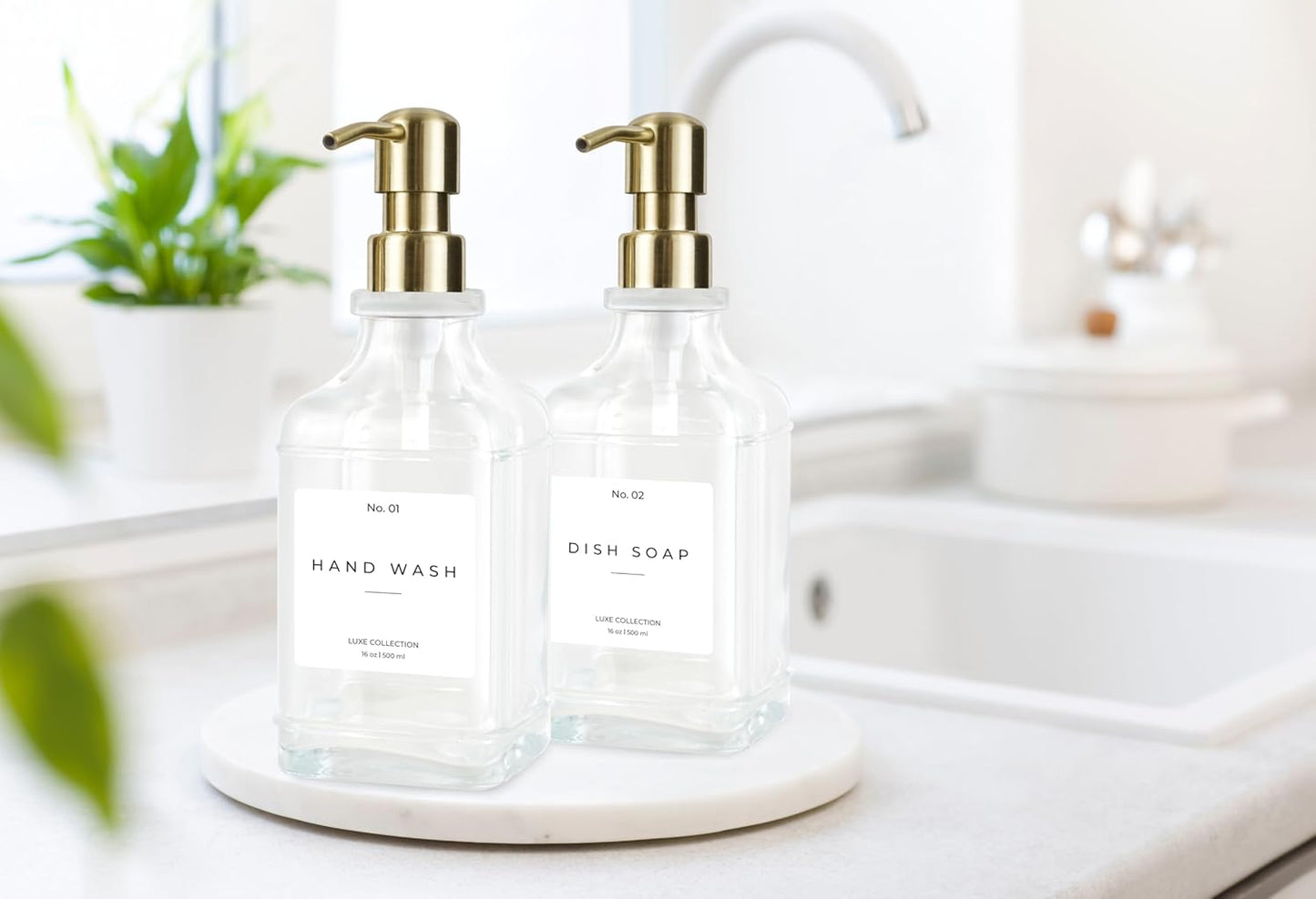 Emerson Essentials Soap Dispenser, Dish Soap Dispenser, Soap Bottle Set, Hand Soap Dispenser, Kitchen Soap Dispenser Set, Glass Soap Dispenser with Pump and Labels, 16 Oz, 2 Pack, Farmhouse