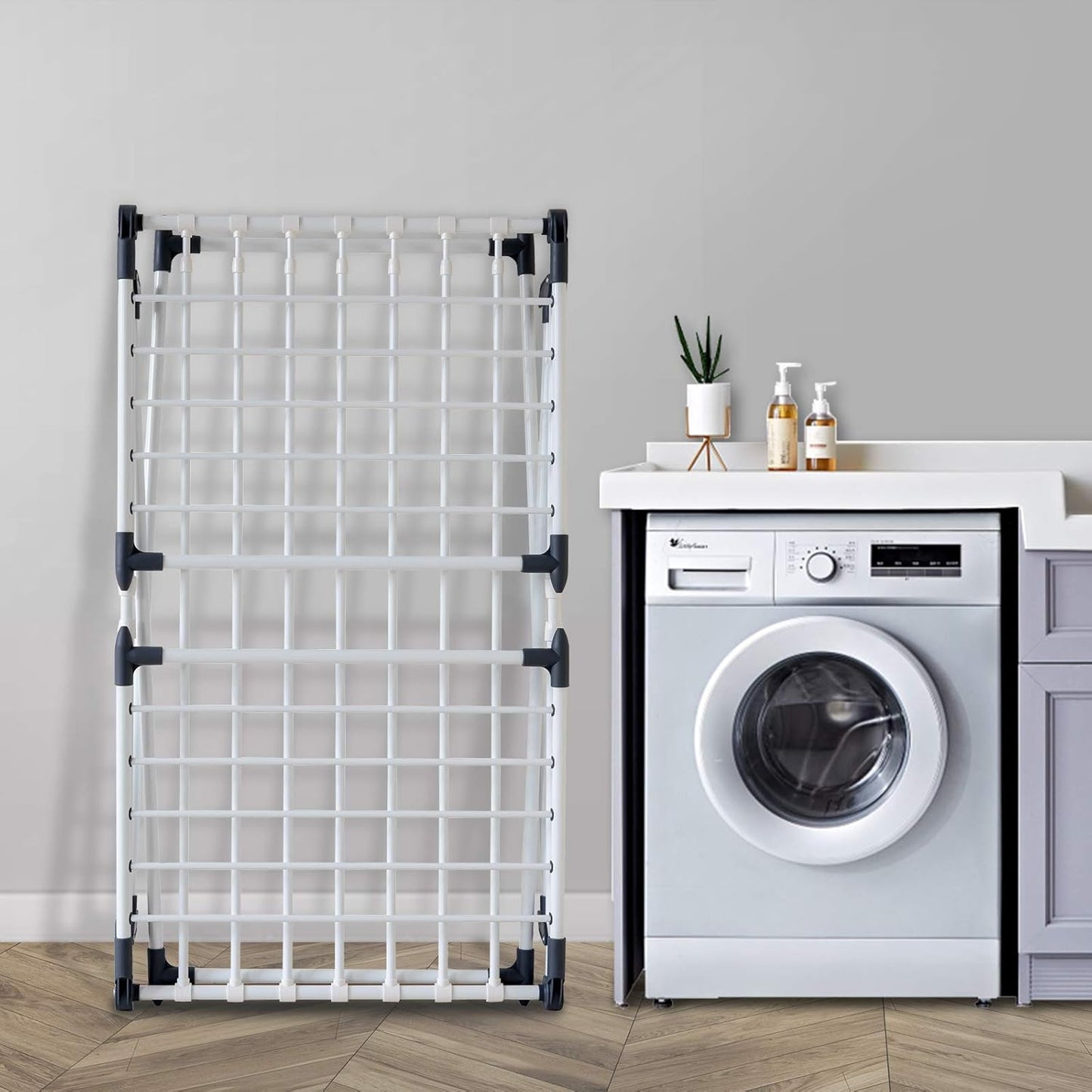 Clothes Drying Rack, Gullwing Laundry Rack Adjustable and Foldable for Easy Storage Indoor and Outdoor, White & Gray