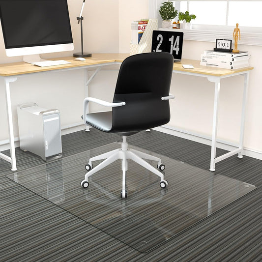 Tempered Glass Floor Mat for Office Chair, 36" x 46" Heavy Duty Hard Office Chair Mat, for Carpeted or Hard Floor, with 4 Anti-Slip Pads, Transparent