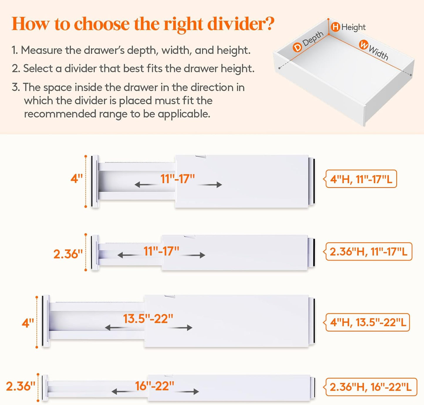 Lifewit 10 Pack Drawer Dividers 4" High,11-17" Adjustable Dresser Drawer Organizers for Clothes, Expandable Dresser Separators in Bedroom/Bathroom/Kitchen/Vanity/Office Organization and Storage, White