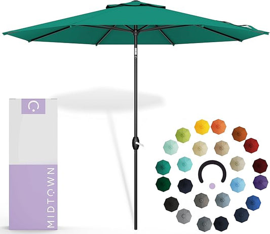 Midtown Umbrellas Sunbrella Umbrella 9 Feet Outdoor Umbrella With Canvas Teal Acrylic Fabric - Auto-Tilt Aluminum Frame Patio Umbrella For Backyard, Deck, Garden, Pool - Black Pole