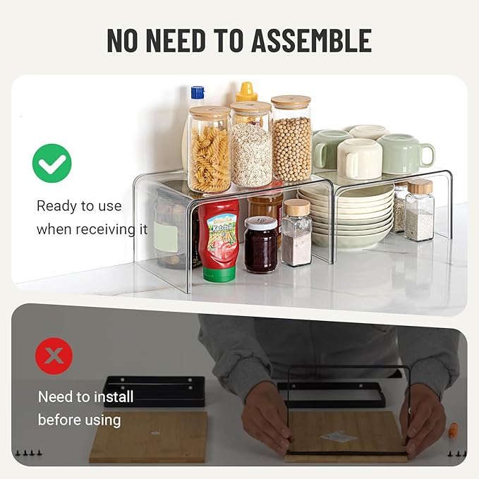 Clear Cabinet Organizer, Shelf Organizer Set of 2 for Kitchen Pantry Organizers and Storage, Display Cabinet Shelf Room Decor Countertop Desk Shelves, Patented Spice Organization for Cabinet