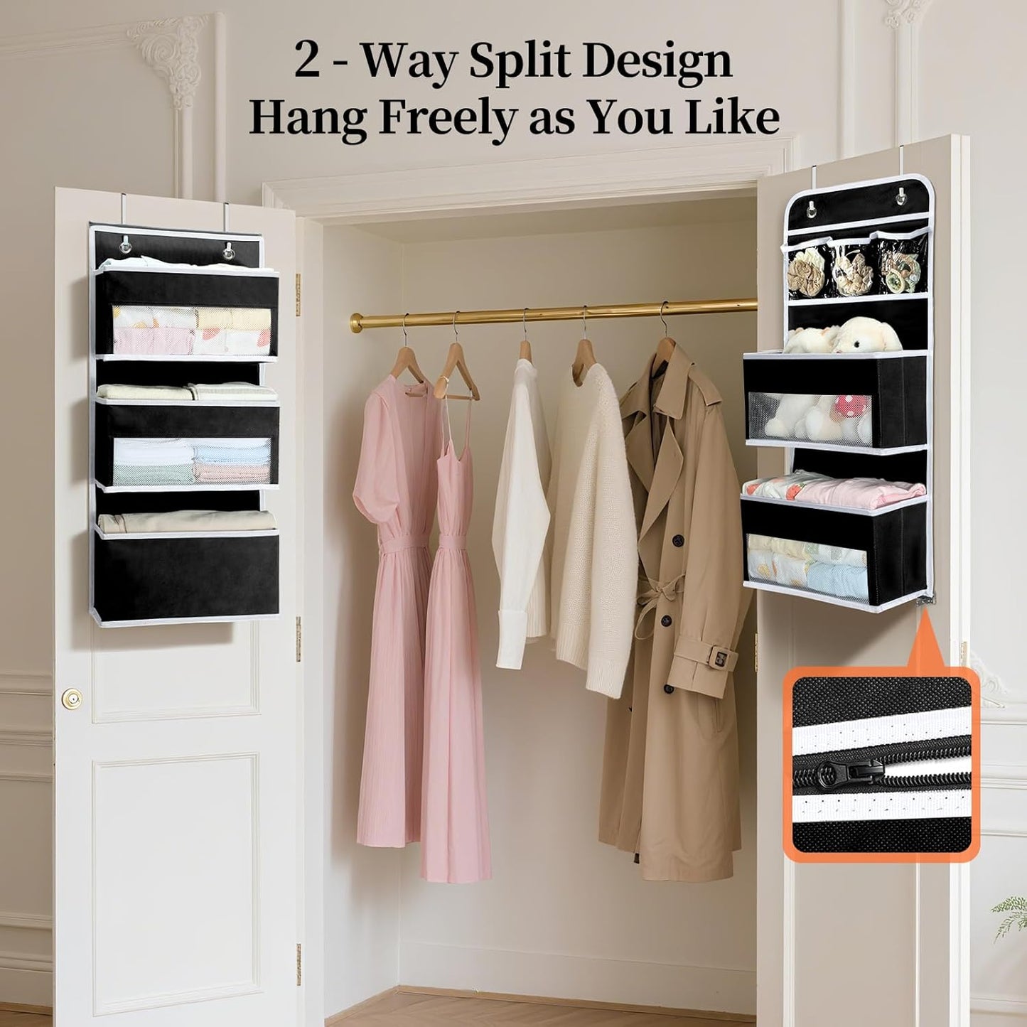 LAMU 6-Tier Over The Door Organizer, Swing - Proof Closet Door Organizer, Flexible 1 Split into 2 Over The Door Storage Organizer for Nursery, Bathroom, Bedroom, Black, 5 x 14 x 61in