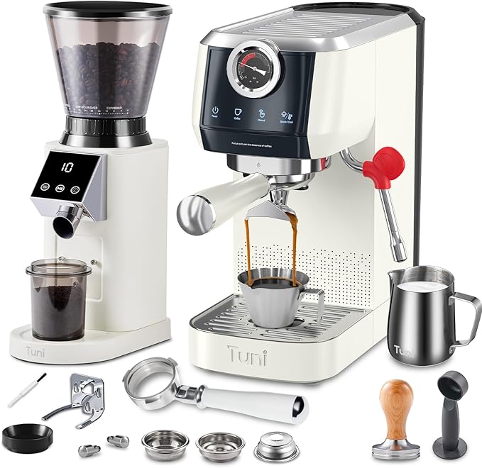 Tuni E2 58mm Dual Boiler Espresso Machine and G1 Ivory 48 Grinding Settings Conical Burr Coffee Grinder with Bottomless Portalfilter Combo (E2 with Upgrade Kit)