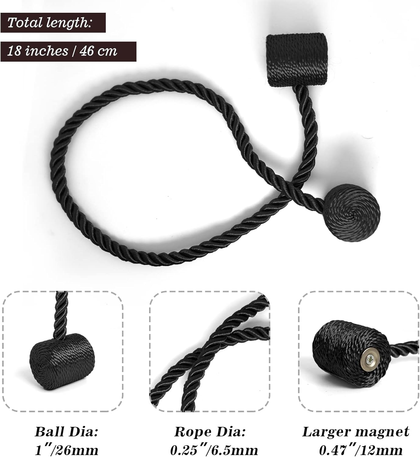 Hion Magnetic Curtain Tiebacks Black 4 Pack, Curtain Tiebacks Buckles Holdbacks Holders Hooks Clip for Home Bedroom Office Decorative Thick or Thin Curtain