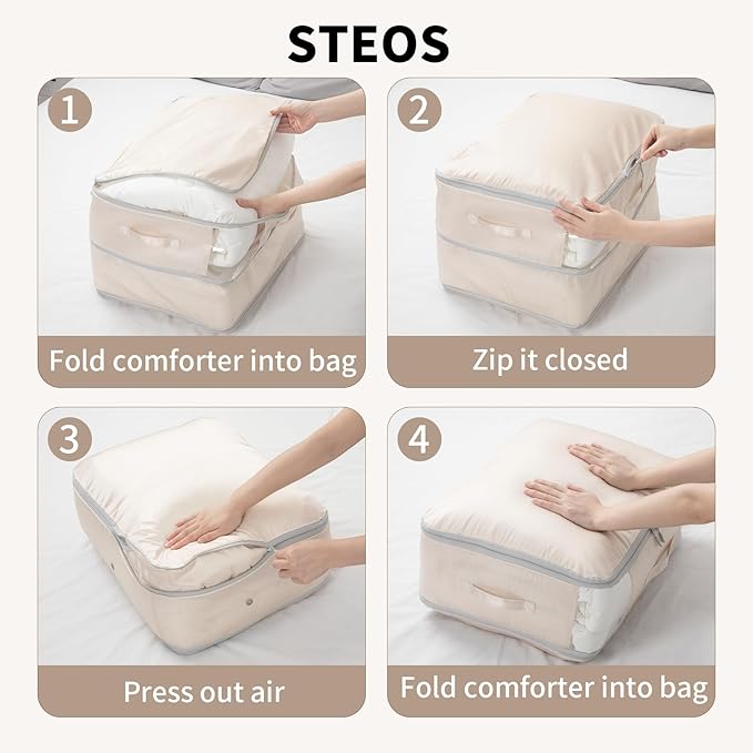 DIMJ 66L Comforter Storage Bag - 3 Pack Space-Saving Self-Compression Bags for Blankets, Duvets, Pillows, Bedding, and Down Jackets with Clear Window and Handle