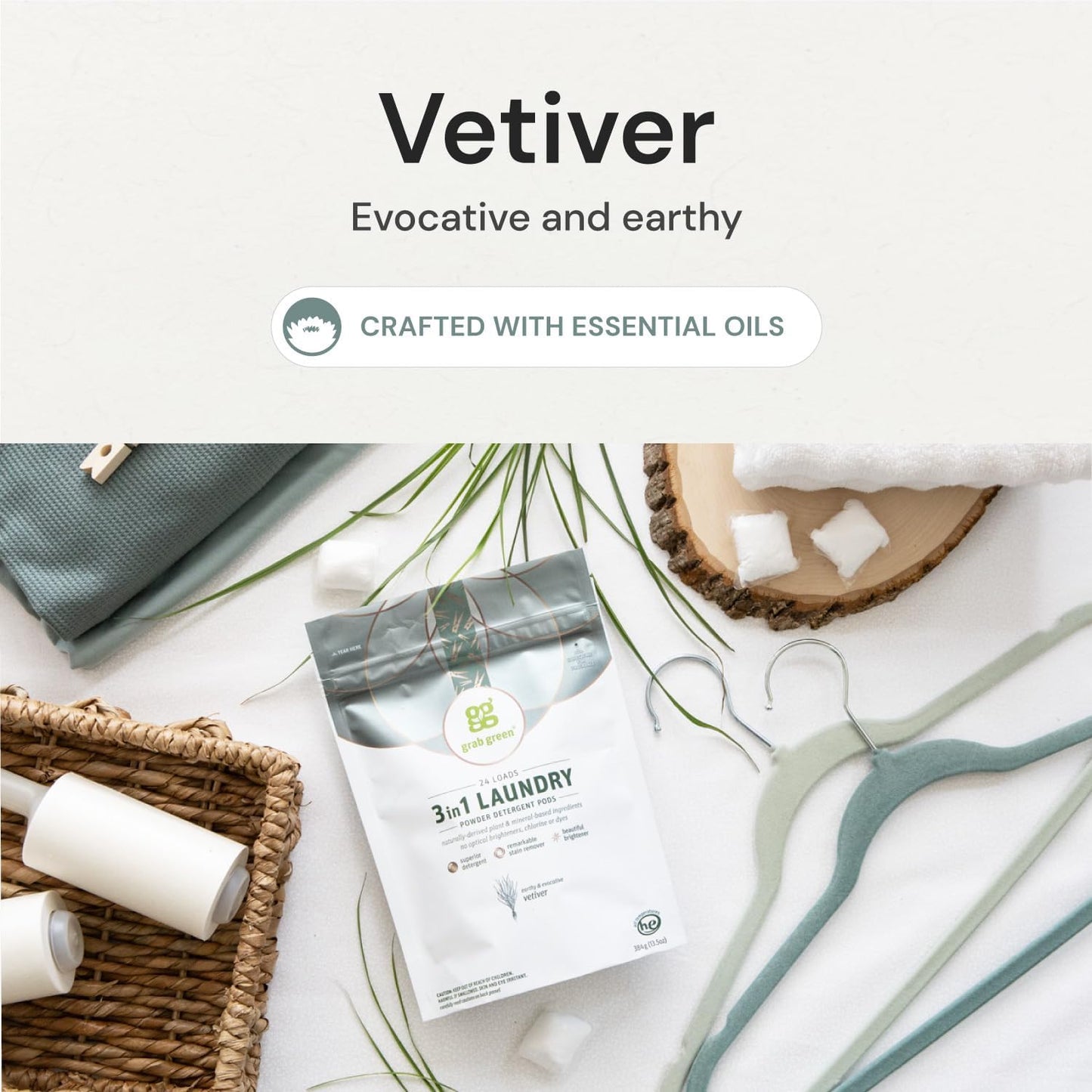 Grab Green 3-in-1 Laundry Detergent Pods, 60 Count, Vetiver Scent, Plant and Mineral Based, Superior Cleaning Power, Stain Remover, Brightens Clothes