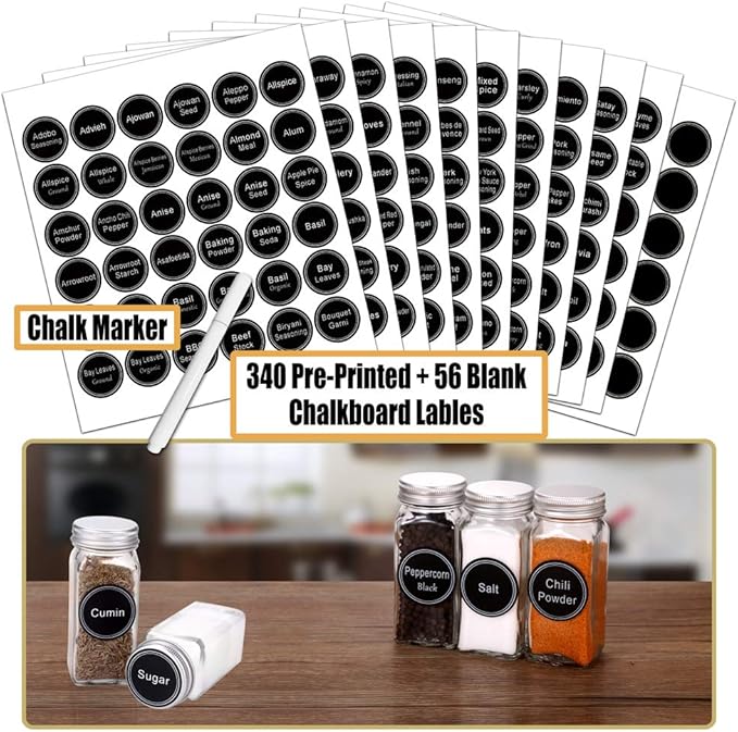 SWOMMOLY 66 Glass Spice Jars with 703 Spice Labels, Chalk Marker and Funnel Complete Set. 66 Square Glass Jars 4oz, Airtight Cap, Pour/sift Shaker Lid