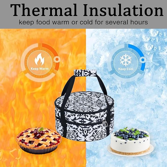 Round Insulated Pie Carrier – Double Decker Thermal Portable Lunch Transport Cake Dish Container Bag Keep Food Hot/Cold/Fresh for Potlucks Parties Gathering/Cookouts/Church Dinner/Outdoor Events-Black