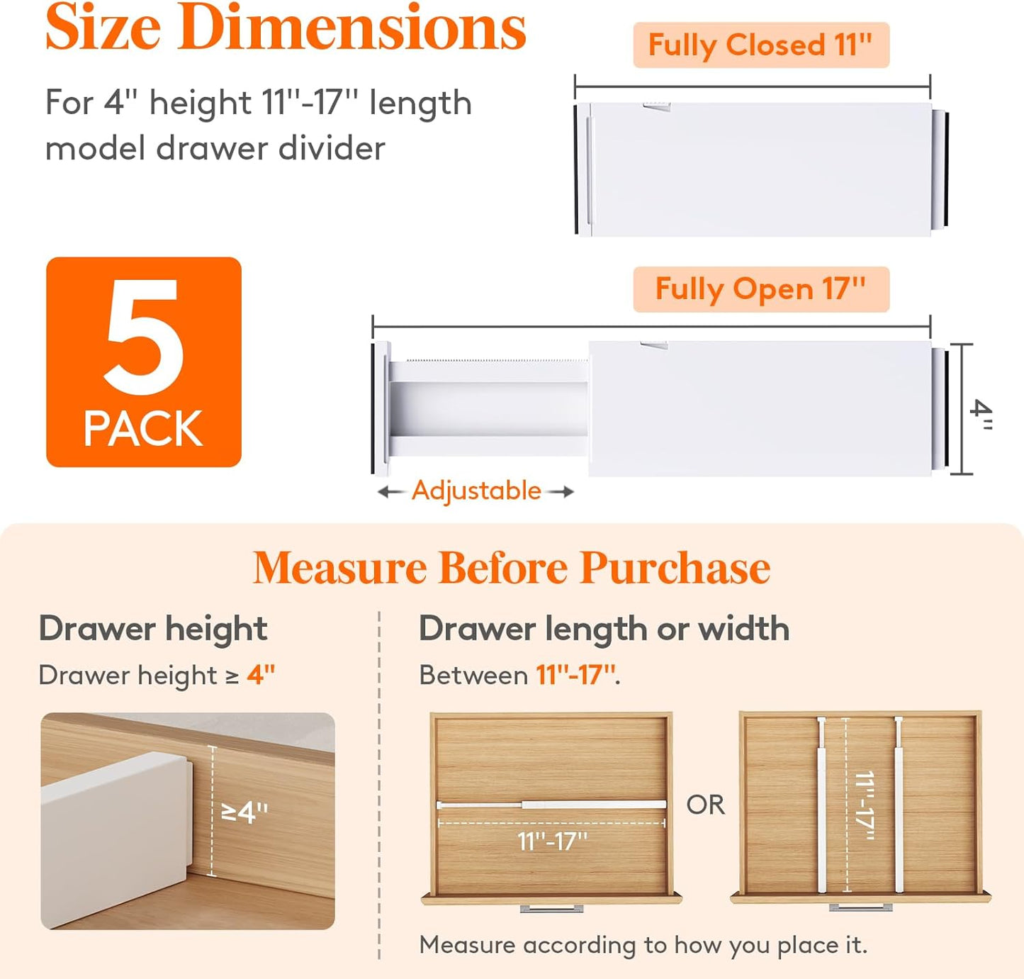 Lifewit 5 Pack Drawer Dividers 4" High, 11-17" Adjustable Dresser Drawer Organizers for Clothes, Expandable Dresser Separators in Bedroom/Bathroom/Kitchen/Vanity/Office Organization and Storage, White
