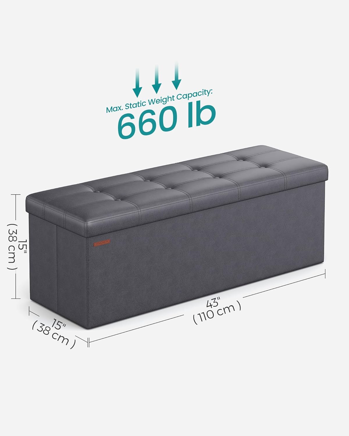 SONGMICS Mazie Collection - 43 Inches Folding Storage Ottoman Bench, Ottoman with Storage, Foot Rest Stool, Load 660 lb, for Living Room, Synthetic Leather, Dark Gray ULSF070G01