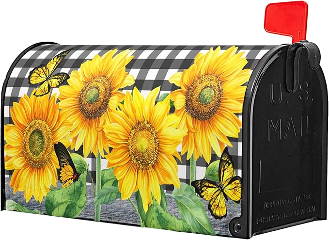 Sunflower Butterfly Magnetic Mailbox Cover Summer Flower Black White Buffalo Plaid Mailbox Cover Large Size 25.5" x 21" Yellow Floral Post Letter Box Wraps for Outdoor Garden Yard Home Decor