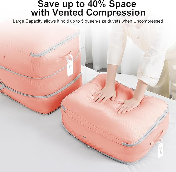 Comforter Storage Bag - Large Capacity Blanket Storage Bags 3-Layer Ultra Space Saving Self Compression Organizer, Washable Compression Bags for Storage Comforter Blanket, 6-Pack, Pink