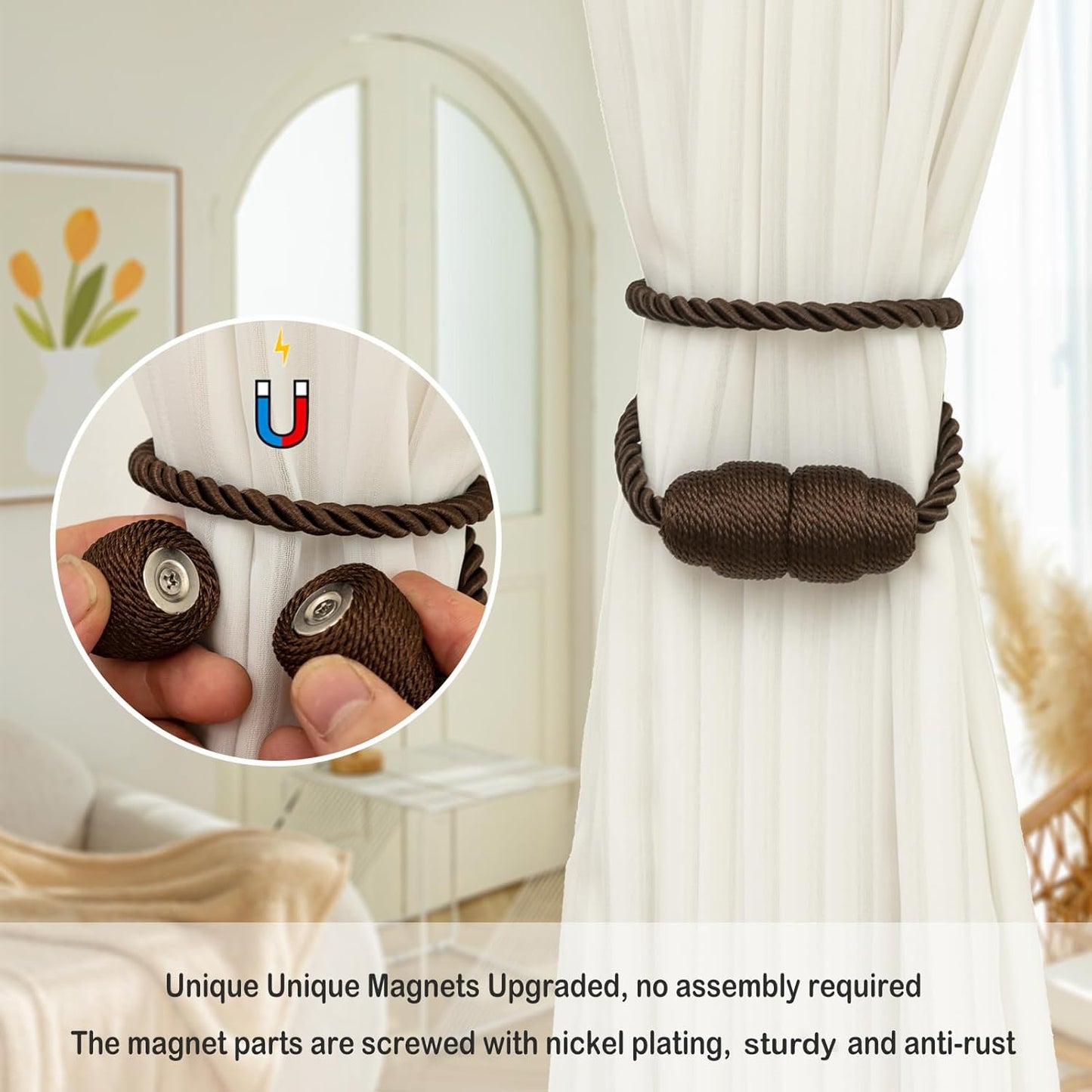 Magnetic Curtain Tiebacks Rope Curtain Tie Backs for Curtains 2 Pack Curtain Holders for Drapes Decorative Window Curtain Holdbacks, Coffee