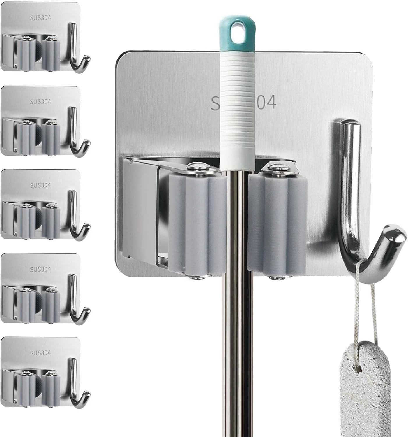 5 Pack Mop and Broom Holder Wall Mount, Silver Stainless Steel Mop and Broom Hanger with Hooks, Mop Broom Organizer for Closet Laundry Garage Garden Tool Organizer