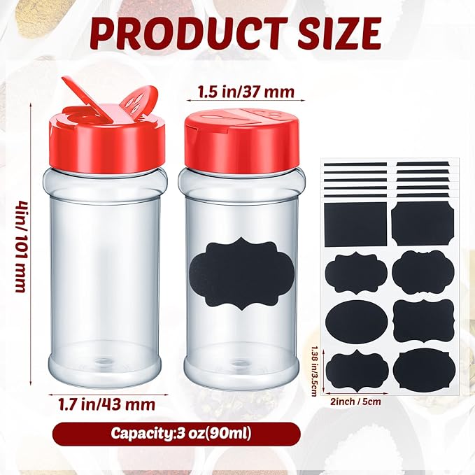 Eccliy 36 Pack 3 oz Clear Plastic Spice Jars with Label and Shaker Lids Empty Spice Bottles Seasoning Containers Seasoning Jars Shaker Condiment Pots for Pepper Herbs Powders(Red)