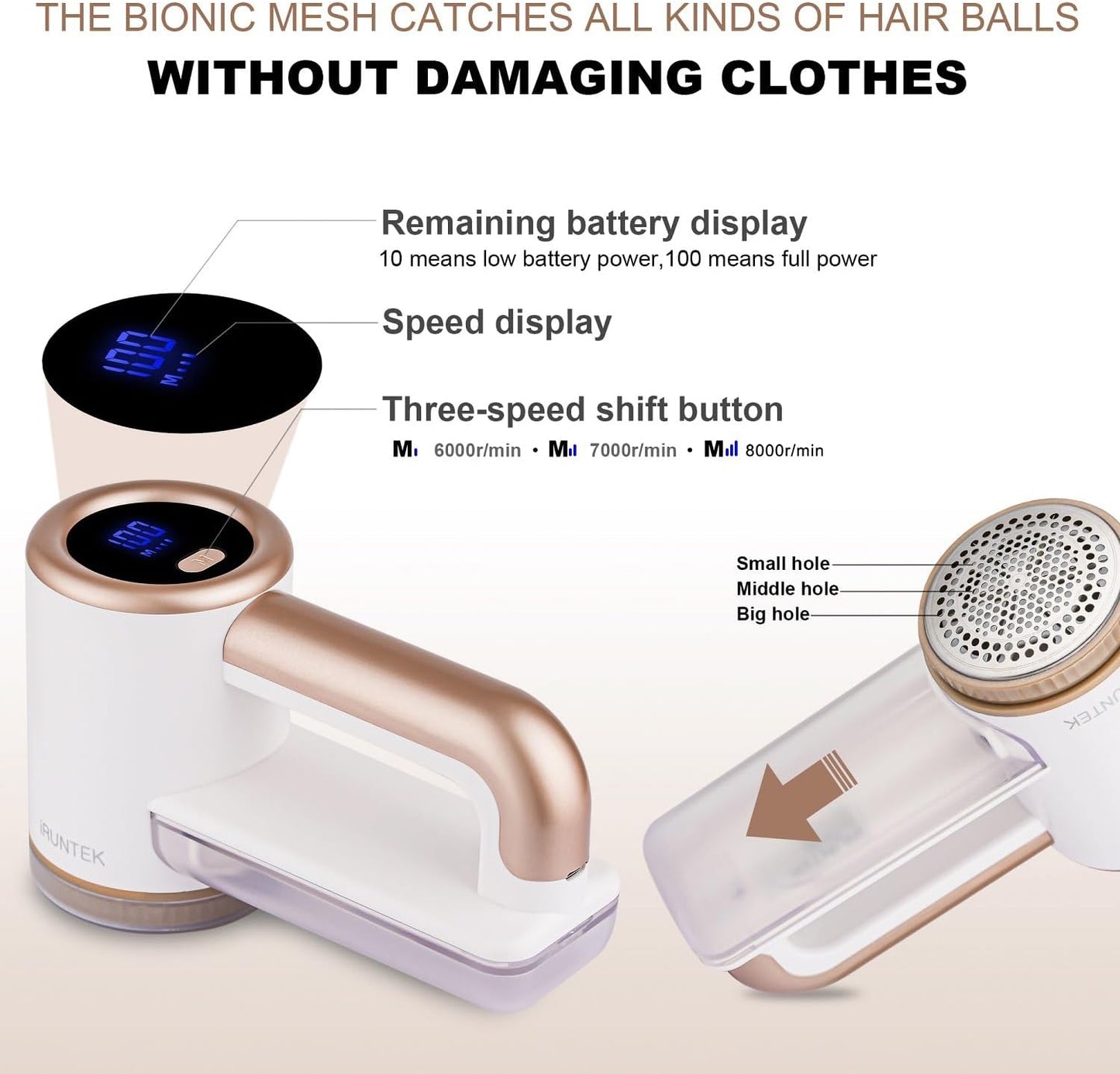 iRUNTEK Rechargeable Fabric Shaver, Electric Commercial Lint Remover with LED Display & Big Trash Box, 3-Speeds for Removing Fuzz and Pill from Clothes, Furniture, Sweater, Couch and Blanket, White