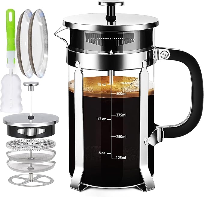 French Press Coffee Maker 304 Stainless Steel Coffee Press,with 4 Filters System, Heat Resistant Thickness Borosilicate French Press Glass, BPA-Free Brewed Tea Pot Coffee Plunger(Copper 12oz)