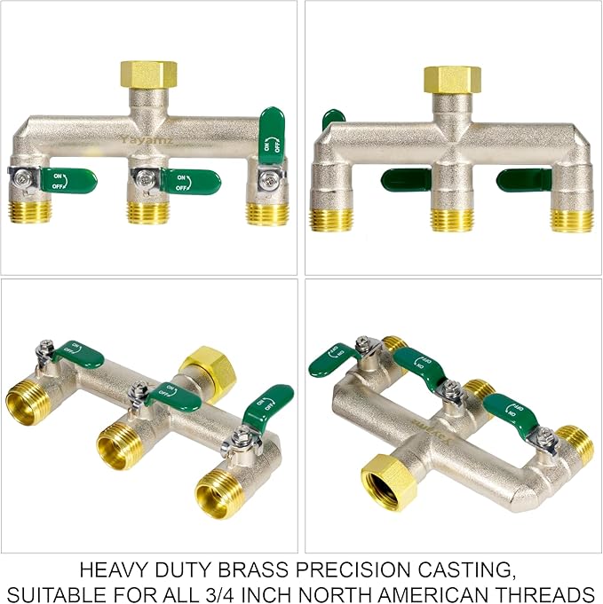 Heavy Duty Brass Garden Hose Splitter - 3-Way 3/4" GHT Thread, High Flow Faucet Splitter, Water Hose T Spigot Splitter with Shutoff Valves, Water Adapter & Connector-Long Metal Handle