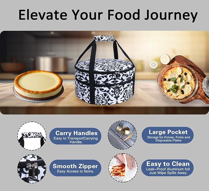 Round Insulated Pie Carrier – Double Decker Thermal Portable Lunch Transport Cake Dish Container Bag Keep Food Hot/Cold/Fresh for Potlucks Parties Gathering/Cookouts/Church Dinner/Outdoor Events-Black