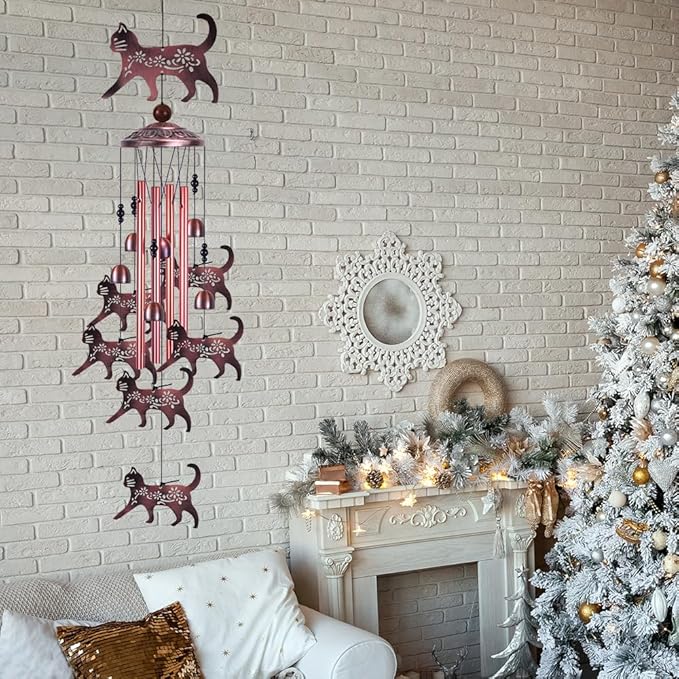 Outdoor Cat Wind Chimes Gifts for Mom - with 4 Tubes 6 Bells 7 Cats Wind Bell, Romantic Wind Catcher, Mobile Cat Decor, Cats Bell, Cats Windchimes for Home, Balcony, Tree, Festival, Garden Decoration