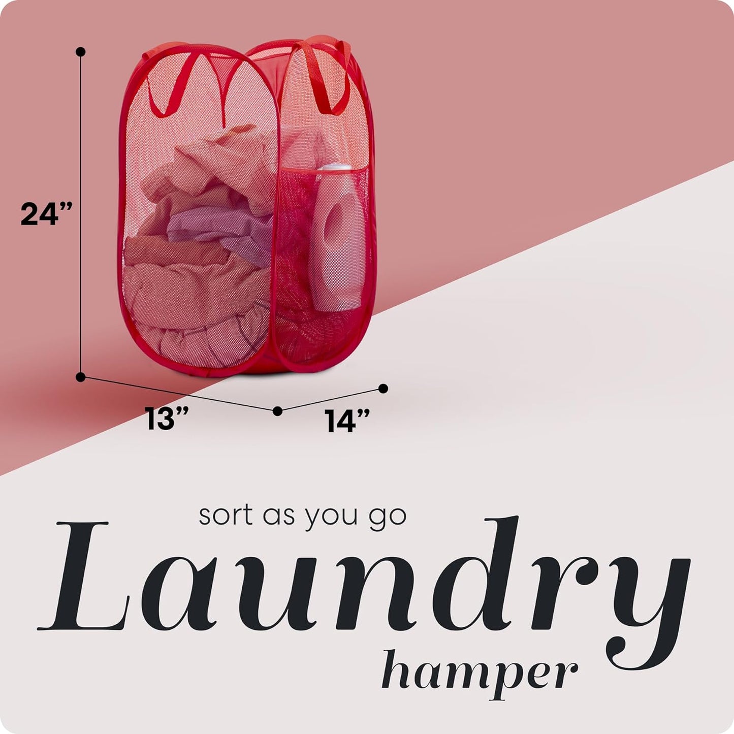 Handy Laundry Collapsible Mesh Pop Up Hamper with Wide Opening and Side Pocket - Breathable, Sturdy, Foldable, and Space-Saving Design for Clothes and Storage (Red | 2-Pack)