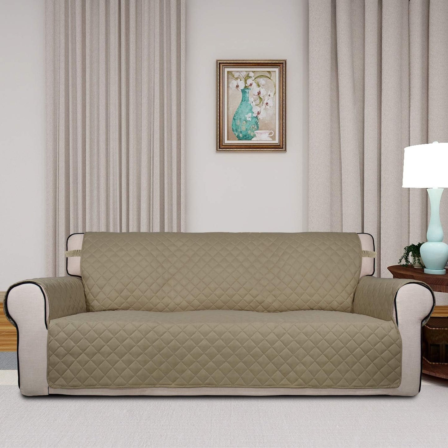 PureFit Reversible Quilted Sofa Cover, Water Resistant Slipcover Furniture Protector, Washable Couch Cover with Non Slip and Elastic Straps for Kids, Pets (Oversized Sofa, Beige/Beige)