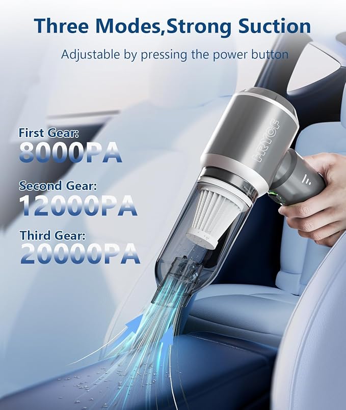 Car Vacuum Cordless, Mini Portable Vacuum Cordless for Car, 4-in-1 20000PA High Power Portable Rechargeable Vacuum Cleaner with Brushless Motor, Small Handheld Vacuum & Air Blower & Pump-Grey