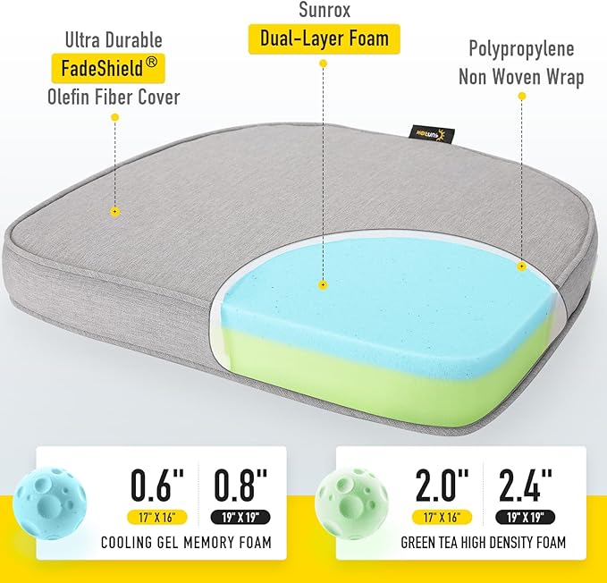 SUNROX Gel Memory Foam Chair Cushions, FadeShield Water-, Stain-Resistant Durable Reversible Seat Cushion Pads with Ties for Indoor/Outdoor Kitchen Dining Office 17"x16" Set of 2, Heather Grey